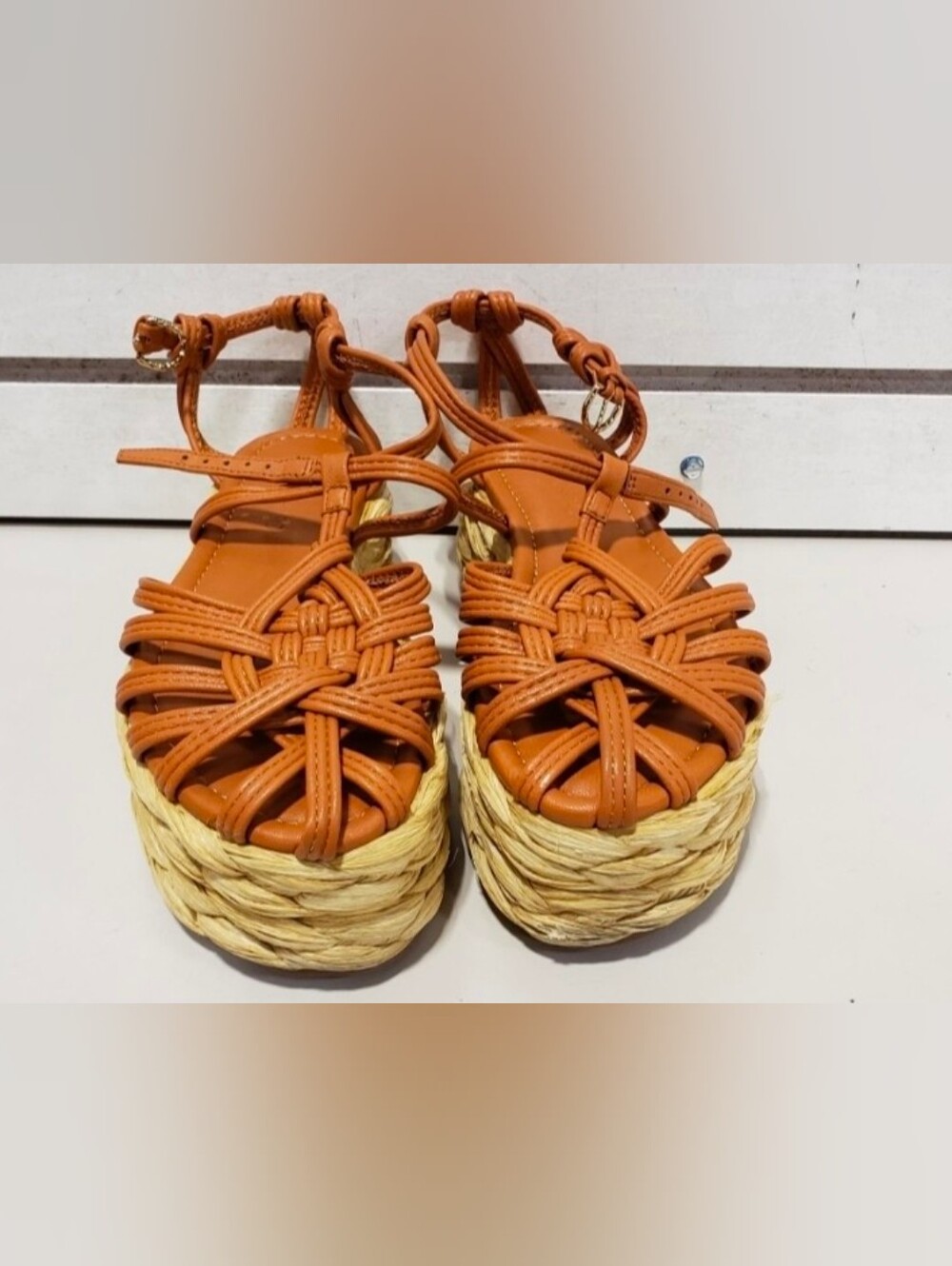 Ulla Johnson Tan Woven Espadrille Wedges with Brown Wrap Straps